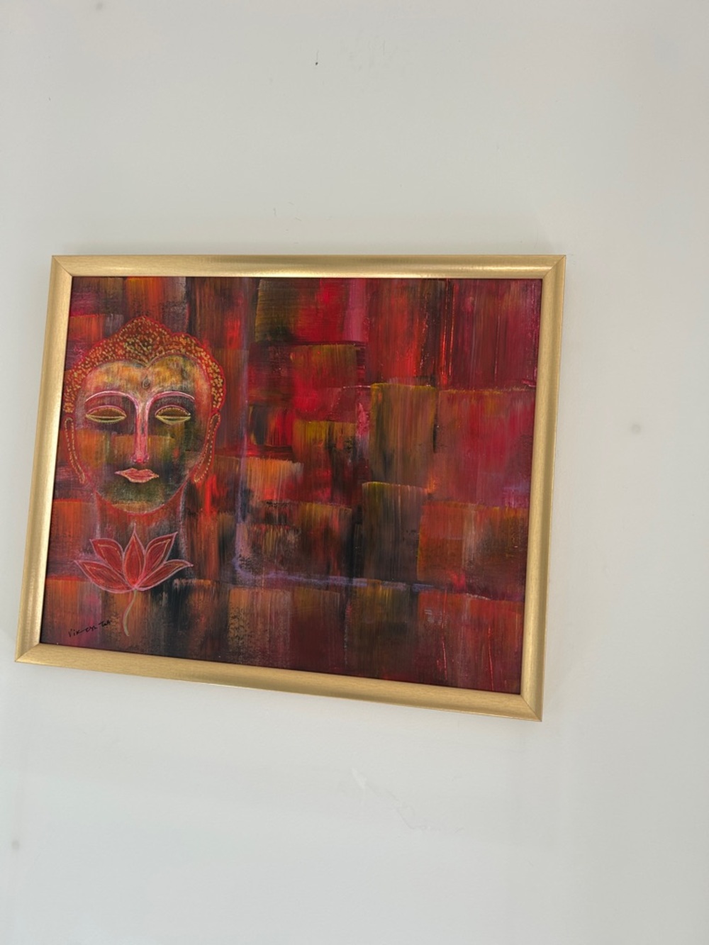 Peace Love World Buddha Lotus Painting in Red and Gold